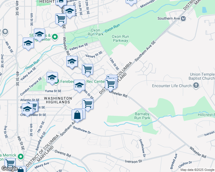 map of restaurants, bars, coffee shops, grocery stores, and more near 1008 Southern Avenue Southeast in Washington