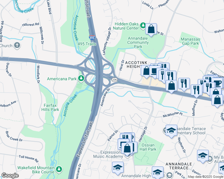 map of restaurants, bars, coffee shops, grocery stores, and more near 4267 Americana Drive in Annandale