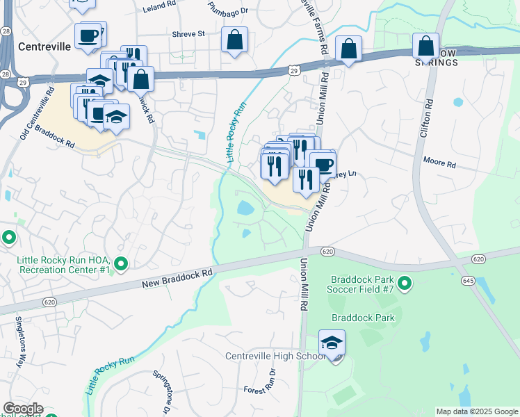 map of restaurants, bars, coffee shops, grocery stores, and more near 5882 Orchard Hill Court in Clifton
