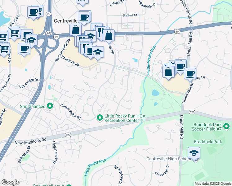map of restaurants, bars, coffee shops, grocery stores, and more near 5857 Clarendon Springs Place in Centreville