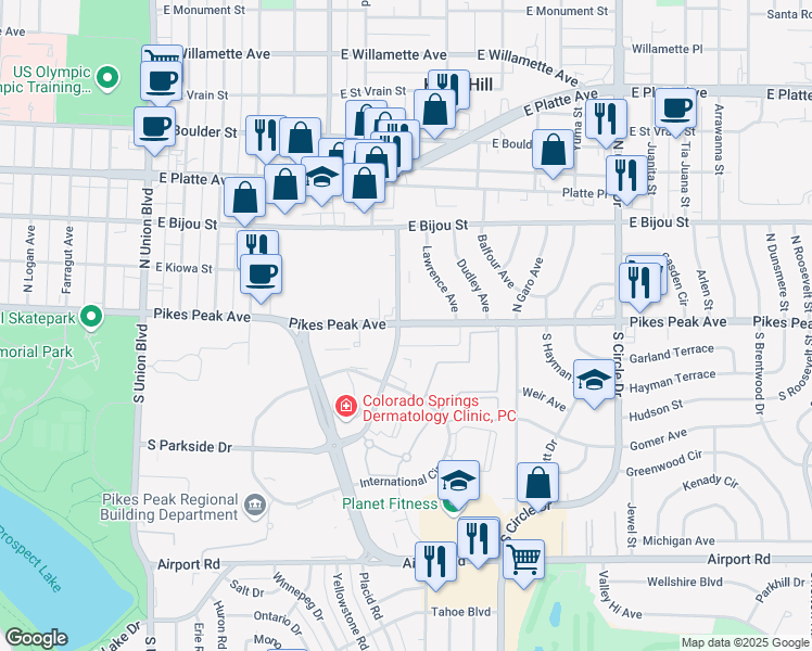 map of restaurants, bars, coffee shops, grocery stores, and more near 2495 East Pikes Peak Avenue in Colorado Springs