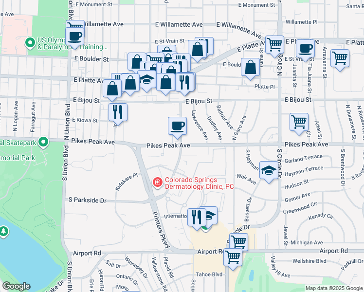 map of restaurants, bars, coffee shops, grocery stores, and more near 2495 East Pikes Peak Avenue in Colorado Springs