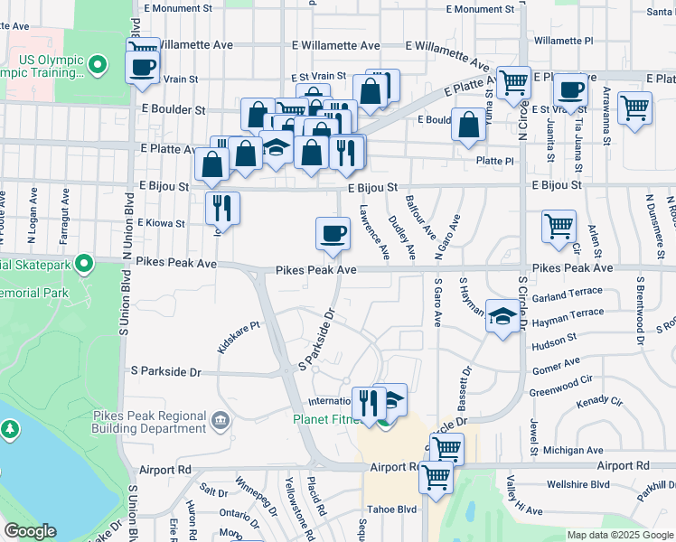 map of restaurants, bars, coffee shops, grocery stores, and more near 2495 East Pikes Peak Avenue in Colorado Springs