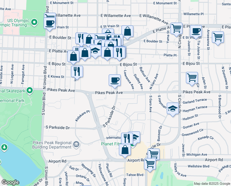 map of restaurants, bars, coffee shops, grocery stores, and more near 2499 Pikes Peak Avenue in Colorado Springs