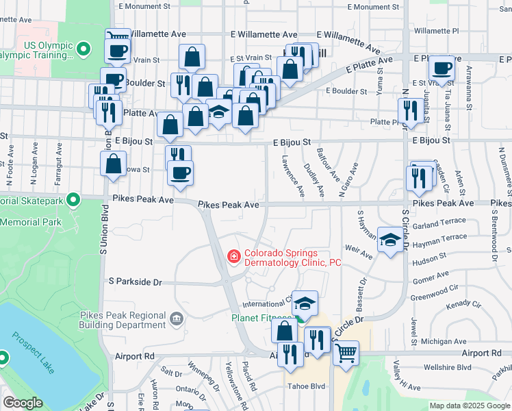 map of restaurants, bars, coffee shops, grocery stores, and more near 2499 Pikes Peak Avenue in Colorado Springs