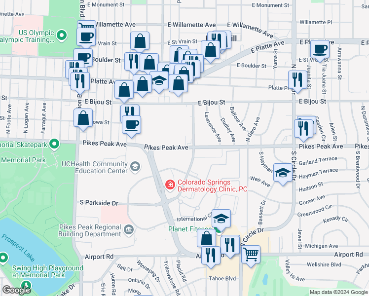 map of restaurants, bars, coffee shops, grocery stores, and more near 2499 Pikes Peak Avenue in Colorado Springs