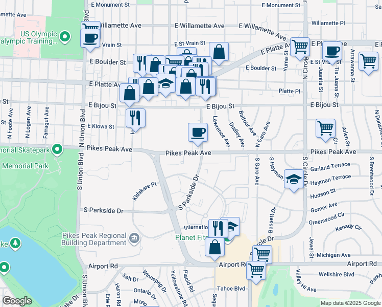 map of restaurants, bars, coffee shops, grocery stores, and more near 2499 Pikes Peak Avenue in Colorado Springs