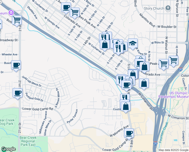 map of restaurants, bars, coffee shops, grocery stores, and more near 1025 Garner Street in Colorado Springs