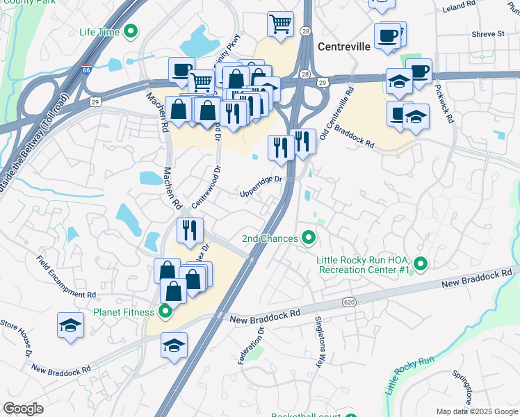 map of restaurants, bars, coffee shops, grocery stores, and more near 14107 Gabrielle Way in Centreville