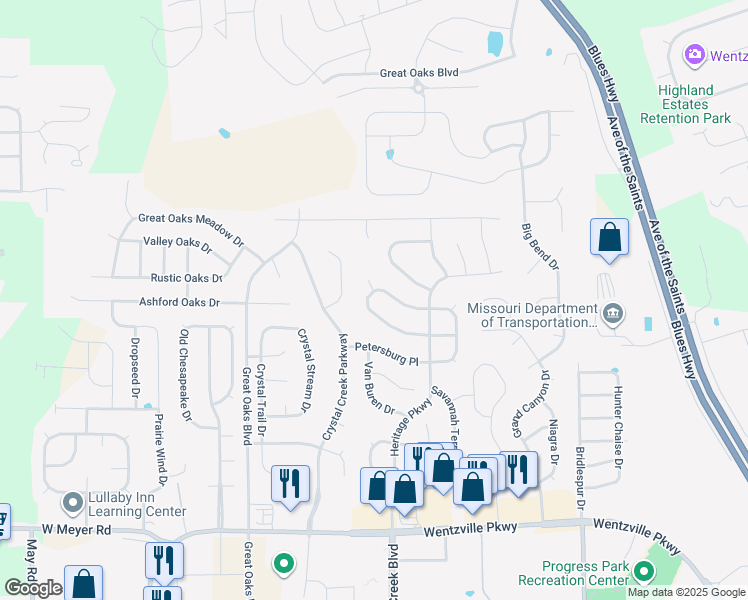 map of restaurants, bars, coffee shops, grocery stores, and more near 720 Chancellorsville Drive in Wentzville