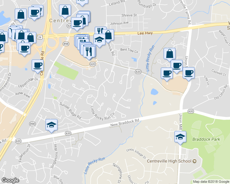 map of restaurants, bars, coffee shops, grocery stores, and more near 5855 Clarendon Springs Place in Centreville