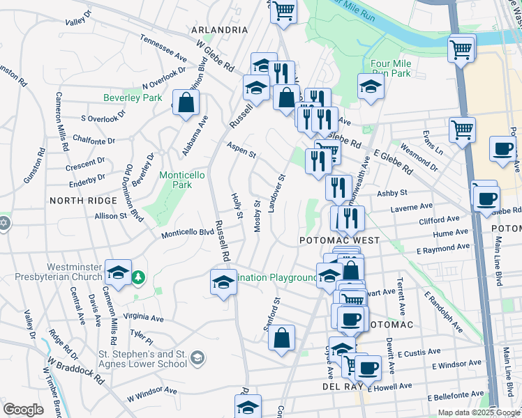 map of restaurants, bars, coffee shops, grocery stores, and more near 2919 Mosby Street in Alexandria