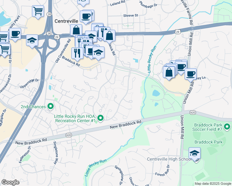 map of restaurants, bars, coffee shops, grocery stores, and more near 5855 Clarendon Springs Place in Centreville