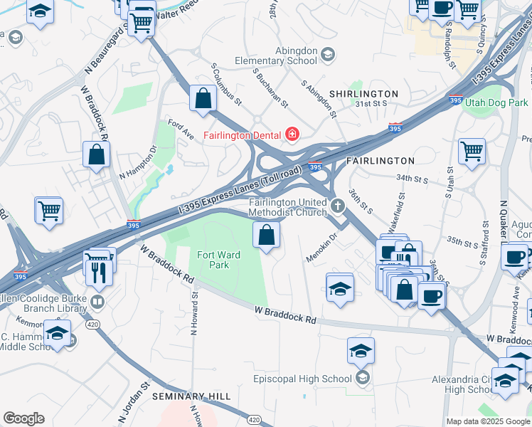 map of restaurants, bars, coffee shops, grocery stores, and more near 2500 North Van Dorn Street in Alexandria
