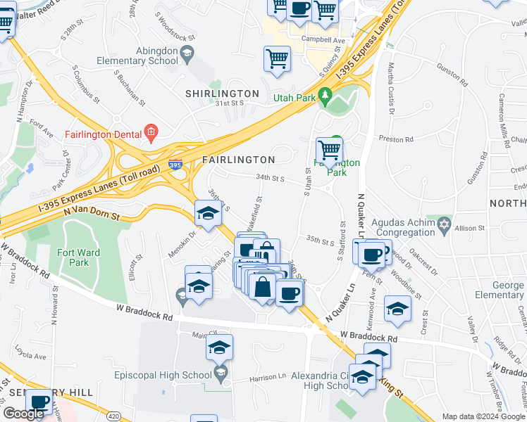 map of restaurants, bars, coffee shops, grocery stores, and more near 3465 South Wakefield Street in Arlington