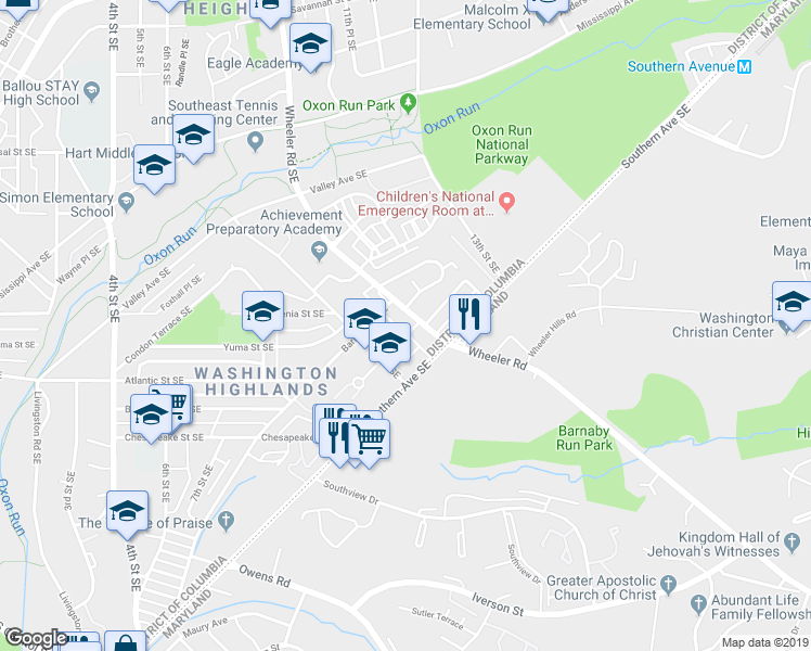 map of restaurants, bars, coffee shops, grocery stores, and more near 4223 Wheeler Road Southeast in Washington