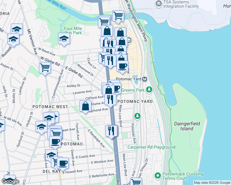 map of restaurants, bars, coffee shops, grocery stores, and more near 601 East Glebe Road in Alexandria