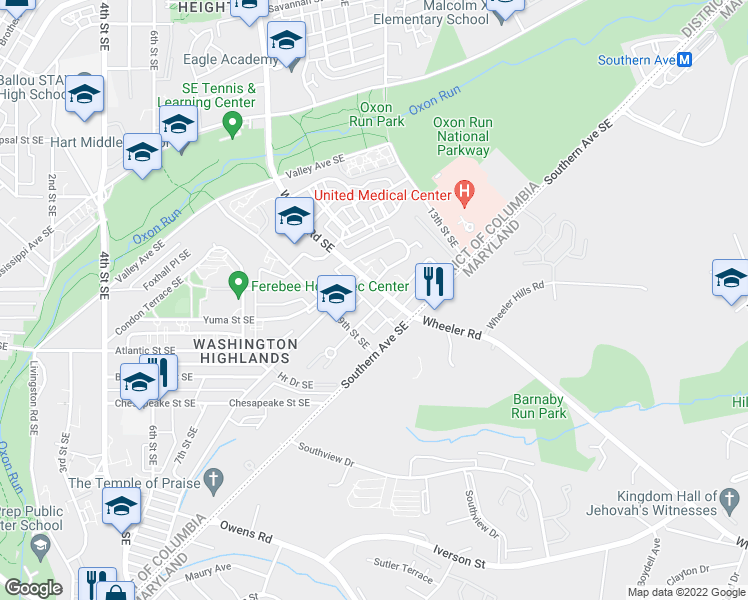 map of restaurants, bars, coffee shops, grocery stores, and more near 4223 Wheeler Road Southeast in Washington