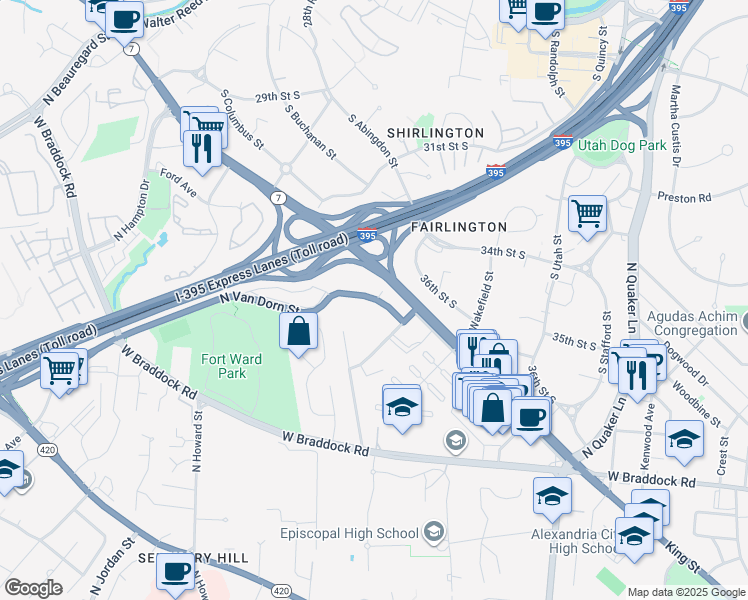 map of restaurants, bars, coffee shops, grocery stores, and more near 2647 North Van Dorn Street in Alexandria