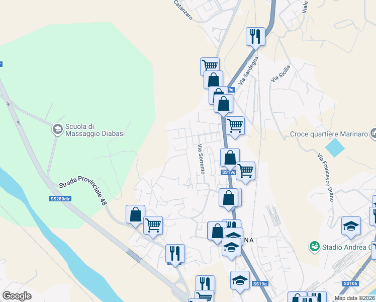 map of restaurants, bars, coffee shops, grocery stores, and more near 41 Via Ravenna in Catanzaro