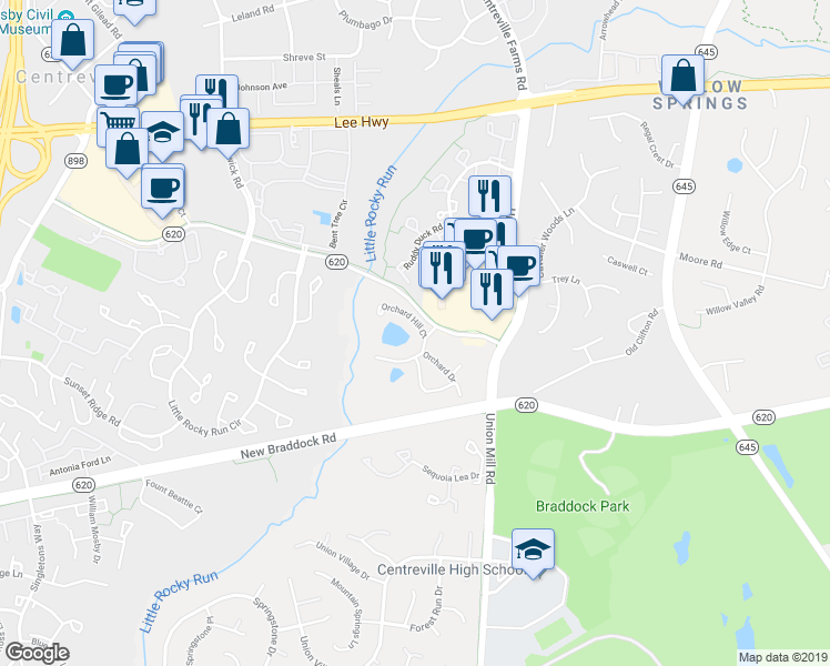 map of restaurants, bars, coffee shops, grocery stores, and more near 5882 Orchard Hill Court in Clifton
