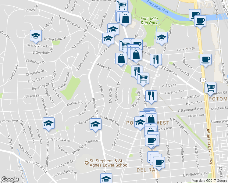 map of restaurants, bars, coffee shops, grocery stores, and more near 2950 Landover Street in Alexandria