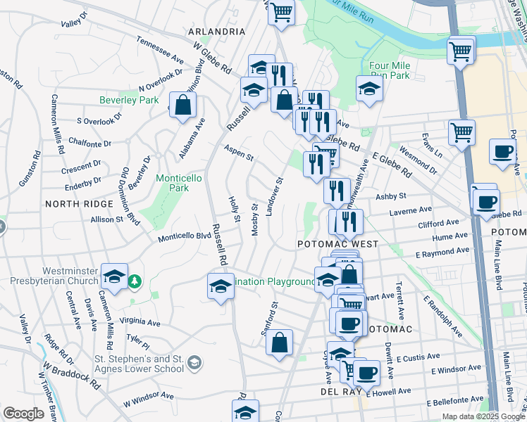map of restaurants, bars, coffee shops, grocery stores, and more near 2950 Landover Street in Alexandria