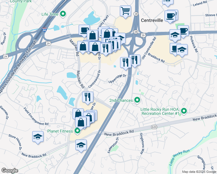 map of restaurants, bars, coffee shops, grocery stores, and more near 14144 Asher View in Centreville