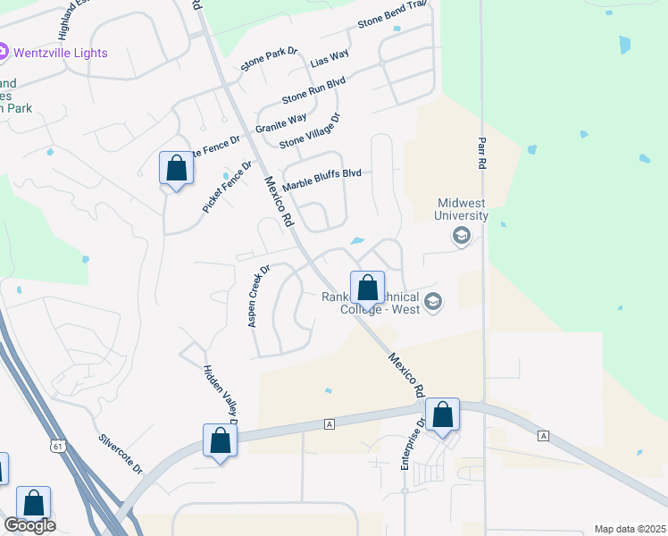 map of restaurants, bars, coffee shops, grocery stores, and more near 17 Brookshire Creek Court in Wentzville