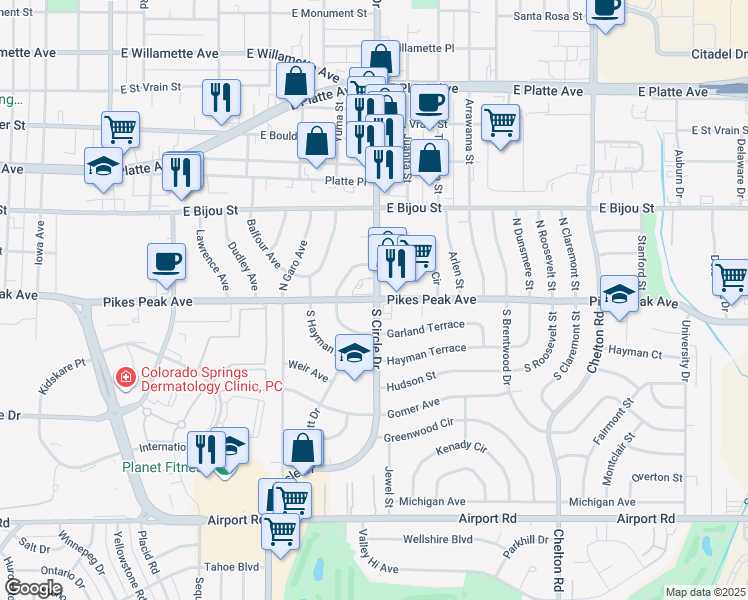 map of restaurants, bars, coffee shops, grocery stores, and more near in Colorado Springs