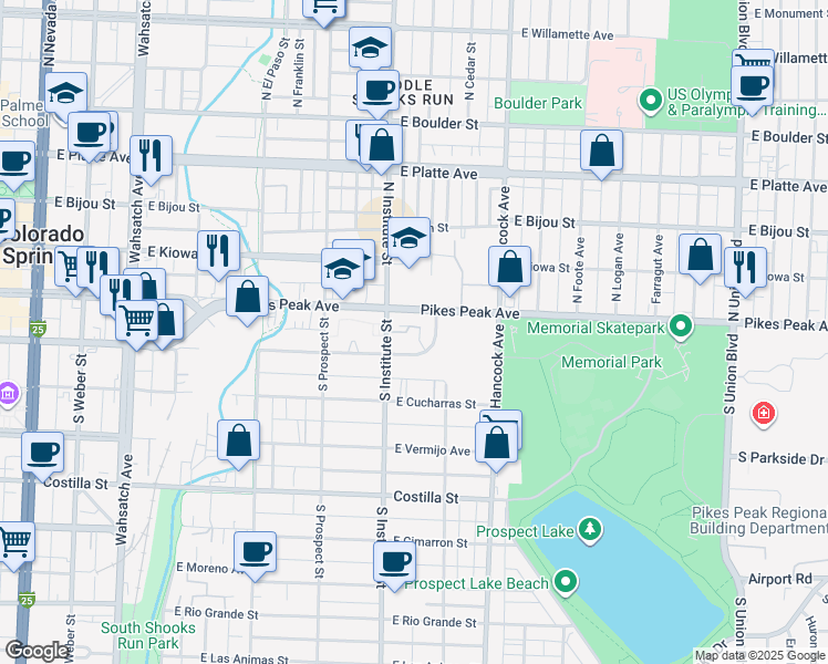 map of restaurants, bars, coffee shops, grocery stores, and more near 907 East Colorado Avenue in Colorado Springs