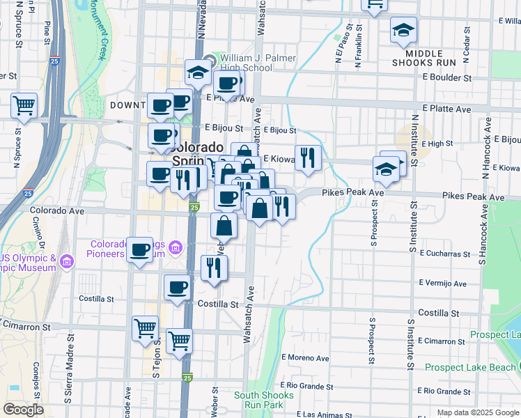 map of restaurants, bars, coffee shops, grocery stores, and more near 421 Colorado Avenue in Colorado Springs
