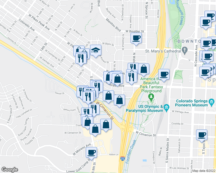 map of restaurants, bars, coffee shops, grocery stores, and more near 704 West Cucharras Street in Colorado Springs