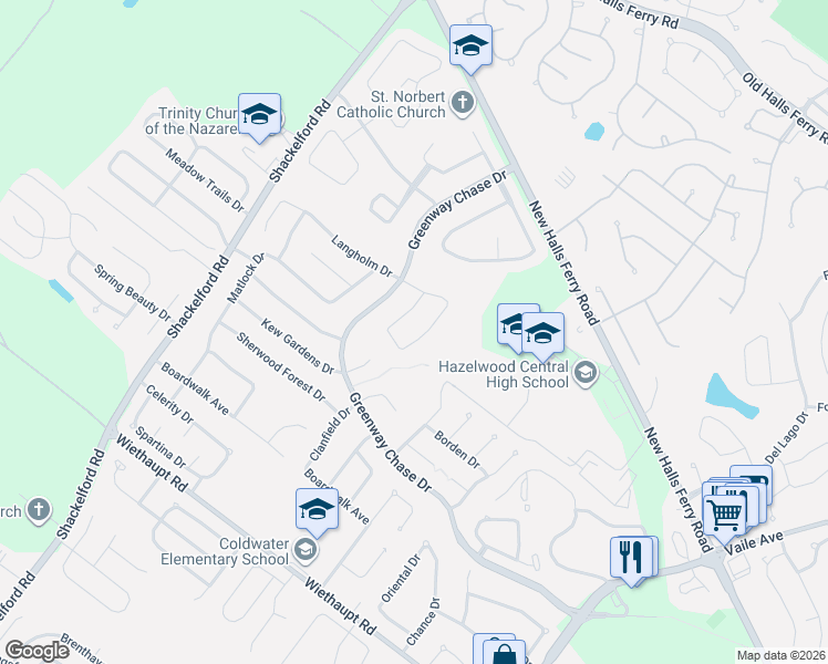map of restaurants, bars, coffee shops, grocery stores, and more near 3272 Mowing Green Drive in Florissant