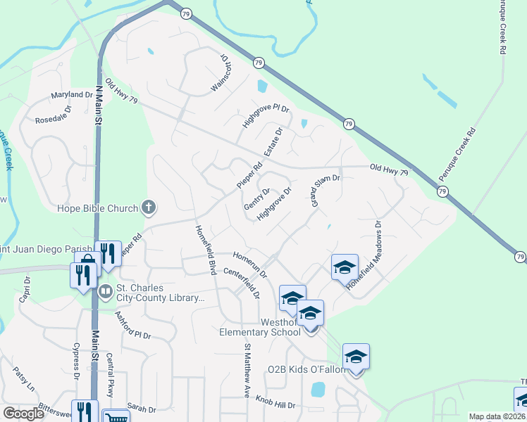 map of restaurants, bars, coffee shops, grocery stores, and more near 1845 Highgrove Drive in O'Fallon