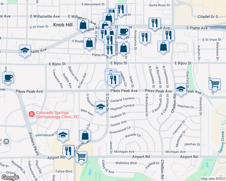map of restaurants, bars, coffee shops, grocery stores, and more near 2829 East Pikes Peak Avenue in Colorado Springs