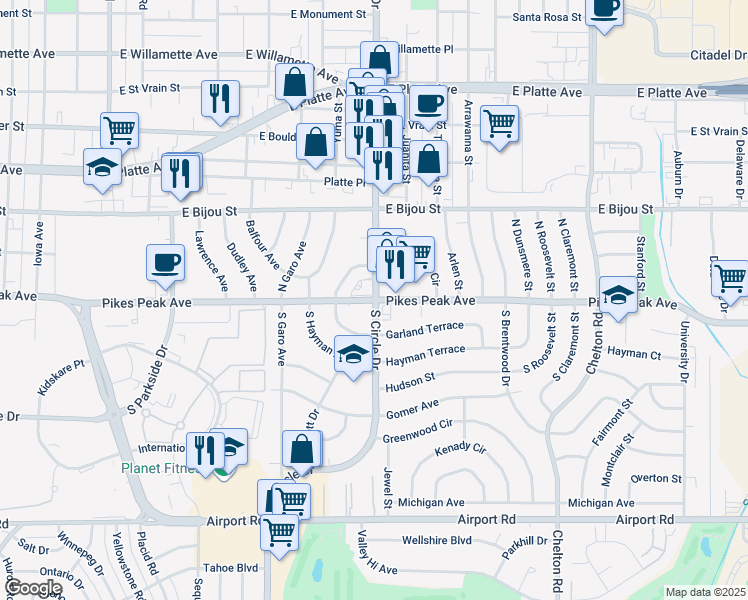 map of restaurants, bars, coffee shops, grocery stores, and more near 2827 East Pikes Peak Avenue in Colorado Springs