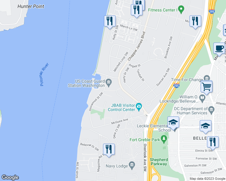 map of restaurants, bars, coffee shops, grocery stores, and more near Mc Guire Avenue Southeast in Washington