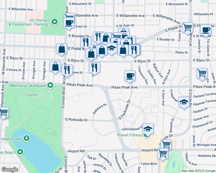 map of restaurants, bars, coffee shops, grocery stores, and more near 44 Printers Parkway in Colorado Springs