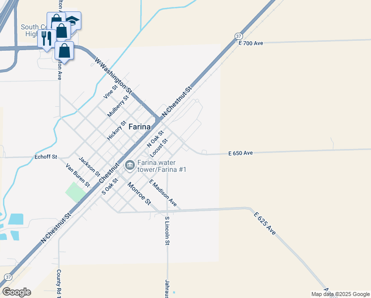 map of restaurants, bars, coffee shops, grocery stores, and more near 306 North Poplar Street in Farina