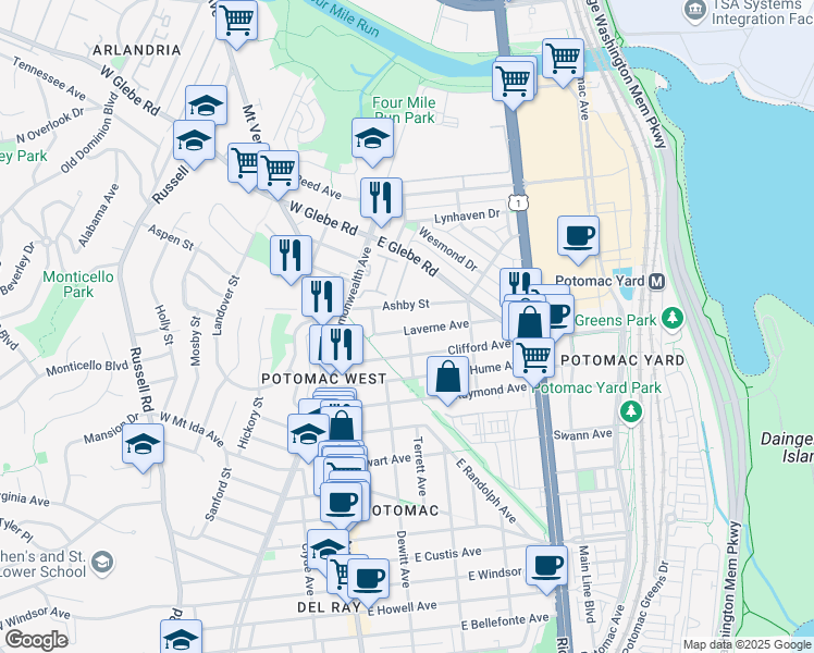 map of restaurants, bars, coffee shops, grocery stores, and more near 210 Laverne Avenue in Alexandria