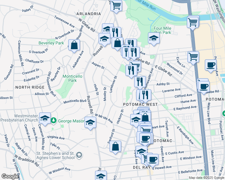 map of restaurants, bars, coffee shops, grocery stores, and more near 2941 Landover Street in Alexandria