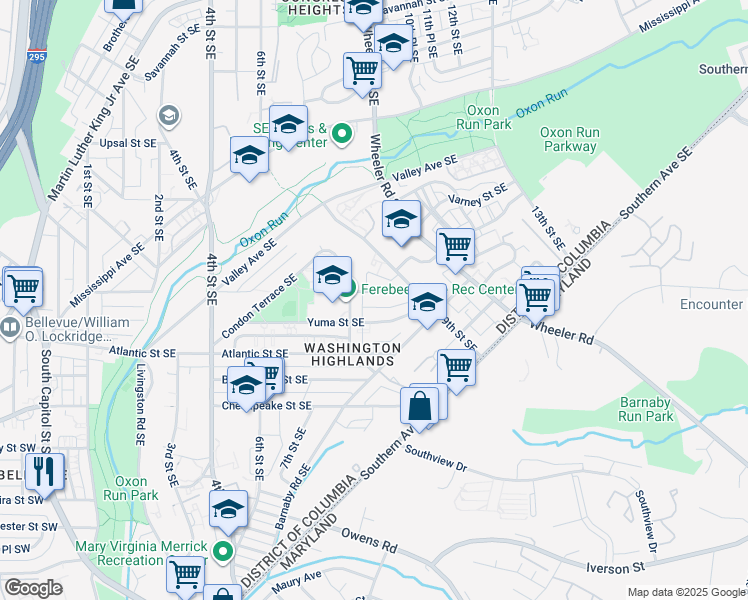 map of restaurants, bars, coffee shops, grocery stores, and more near 825 Xenia Street Southeast in Washington