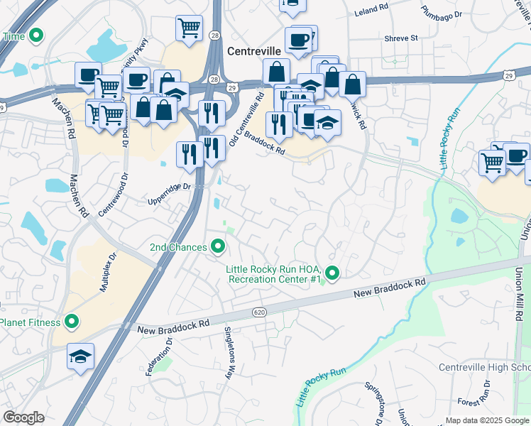map of restaurants, bars, coffee shops, grocery stores, and more near 13929 Sawteeth Way in Centreville
