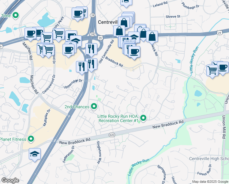 map of restaurants, bars, coffee shops, grocery stores, and more near 13929 Sawteeth Way in Centreville