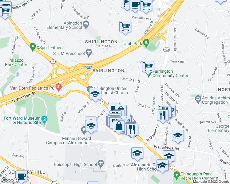 map of restaurants, bars, coffee shops, grocery stores, and more near 3524 South Wakefield Street in Arlington