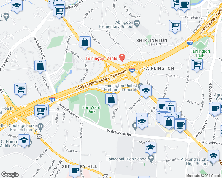 map of restaurants, bars, coffee shops, grocery stores, and more near 2500 North Van Dorn Street in Alexandria