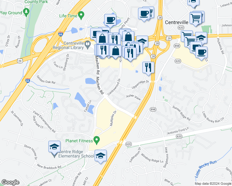 map of restaurants, bars, coffee shops, grocery stores, and more near 14233 Beddingfield Way in Centreville