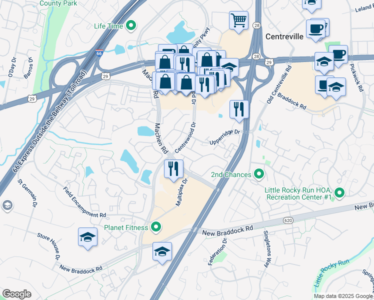 map of restaurants, bars, coffee shops, grocery stores, and more near 14233 Beddingfield Way in Centreville