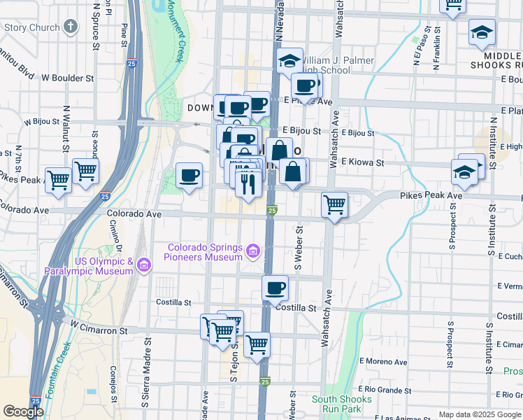 map of restaurants, bars, coffee shops, grocery stores, and more near 30 South Nevada Avenue in Colorado Springs